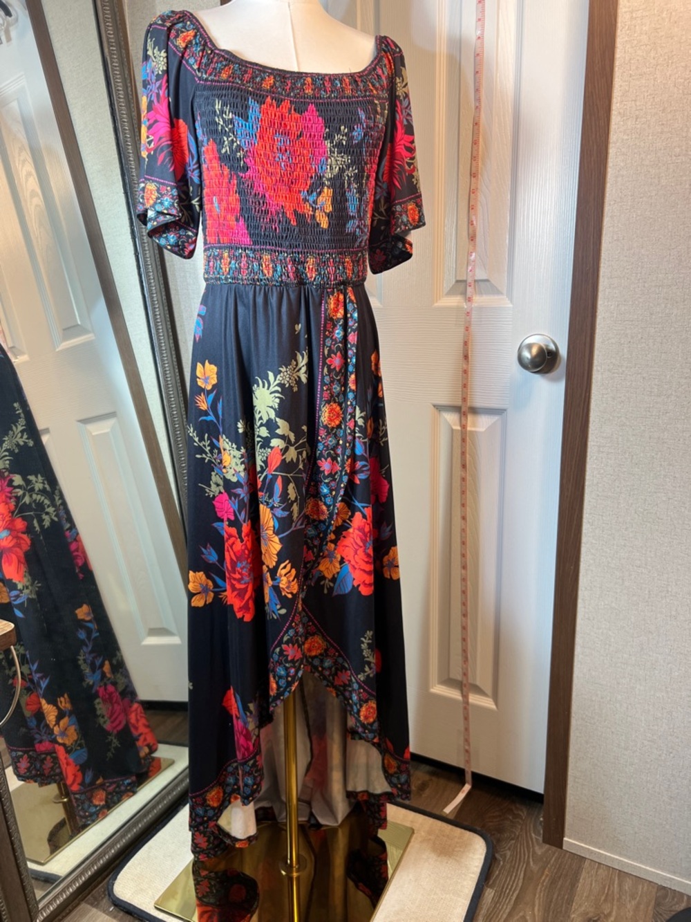 Boston Proper Black High-Low Floral Midi Dress with Red & Orange Blooms